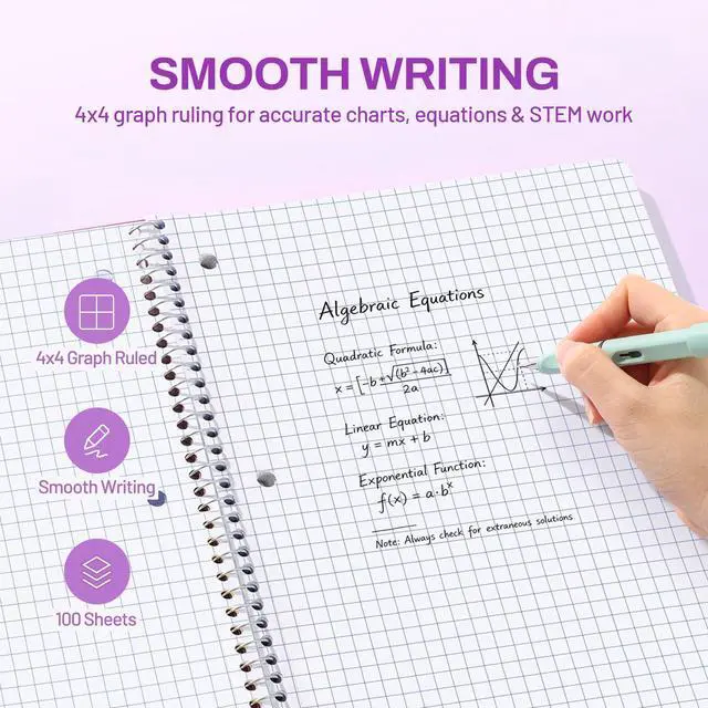 Alt view image 4 of 7 - Spiral Notebook, 1-Subject, Graph Ruled Paper, 8" x 10-1/2", 100 Sheets per Notebook, 3-Hole Punched Paper, Water Resistant Cover, Spiral Grid Notebooks for Work, Home, School, Dark Purple