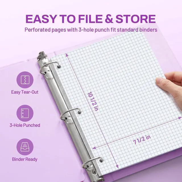 Alt view image 5 of 7 - Spiral Notebook, 1-Subject, Graph Ruled Paper, 8" x 10-1/2", 100 Sheets per Notebook, 3-Hole Punched Paper, Water Resistant Cover, Spiral Grid Notebooks for Work, Home, School, Dark Purple