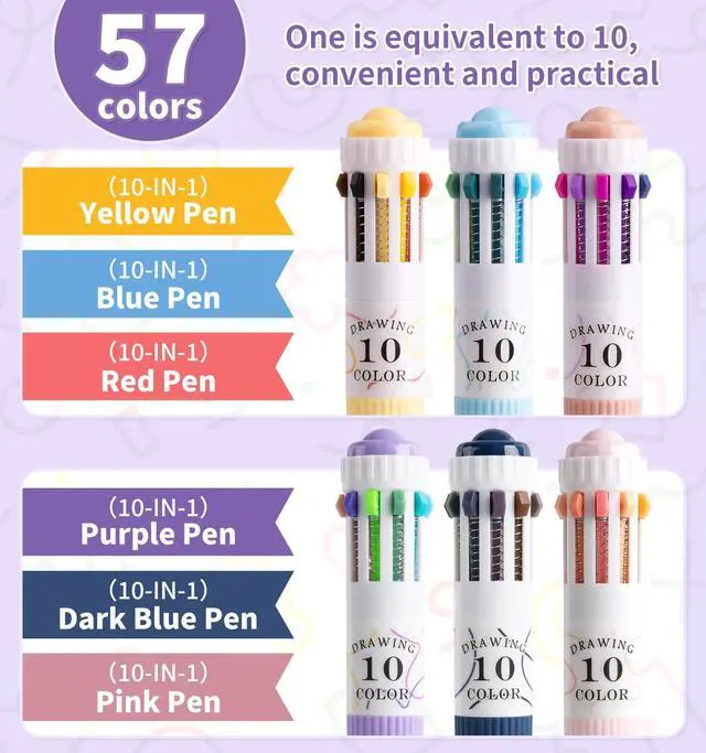 Alt view image 3 of 7 - 6 Pack Multicolor Pens, 10-in-1 Colored Ballpoint Pen, 57 Colors | 0.8mm Fine Point Smooth Writing, Retractable Ballpoint Pens for Office School Students Teens