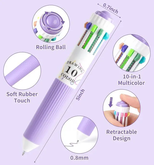 Alt view image 4 of 7 - 6 Pack Multicolor Pens, 10-in-1 Colored Ballpoint Pen, 57 Colors | 0.8mm Fine Point Smooth Writing, Retractable Ballpoint Pens for Office School Students Teens