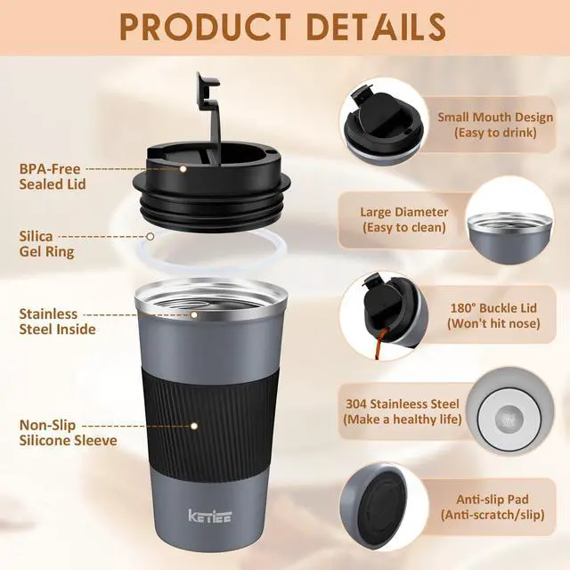 Alt view image 2 of 7 - Travel Coffee Mug Spill Proof 12oz, Insulated Reusable Coffee Cups with Seal Lid, Vacuum Stainless Steel Travel Mug to Go Car Tumbler for Hot/Iced Drinks (Grey)