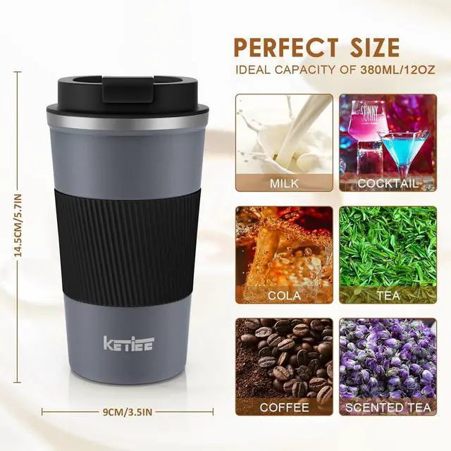Alt view image 6 of 7 - Travel Coffee Mug Spill Proof 12oz, Insulated Reusable Coffee Cups with Seal Lid, Vacuum Stainless Steel Travel Mug to Go Car Tumbler for Hot/Iced Drinks (Grey)
