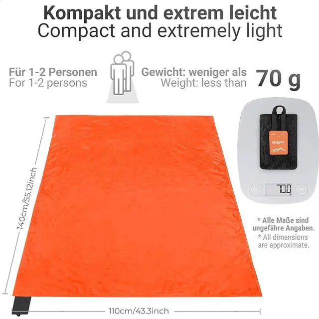 Alt view image 2 of 6 - Pocket Picnic Blanket, Small Picnic Blanket 43x55" 2.54 oz orange for 1-2 | Sandproof Waterproof Foldable Beach Mat for Hiking, Camping, Travel, Picnic & Festival