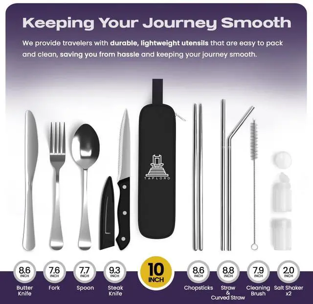Alt view image 2 of 7 - Portable Travel Silverware Set With Case, Includes 10 Pcs of Travel Utensils With Case, Stainless Steel Flatware Set For Camping, Lightweight (Silver)