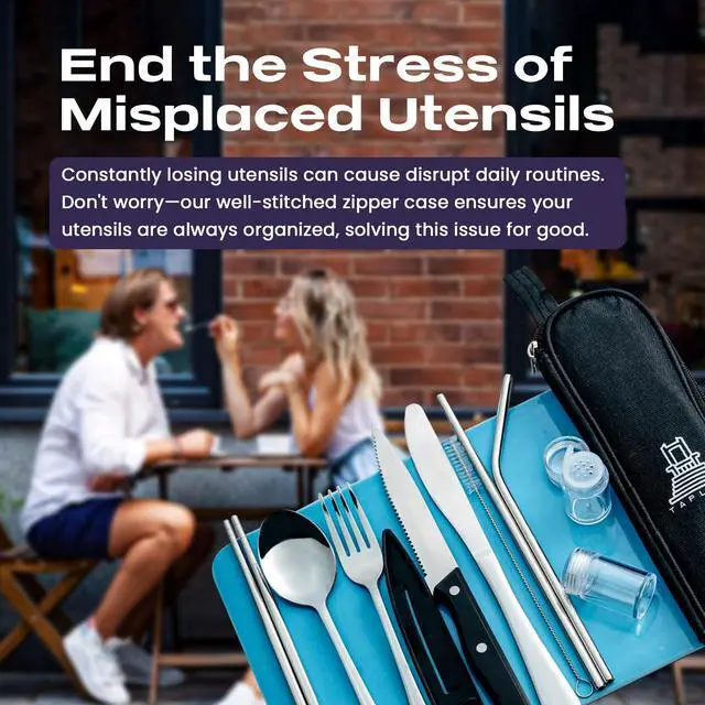 Alt view image 5 of 7 - Portable Travel Silverware Set With Case, Includes 10 Pcs of Travel Utensils With Case, Stainless Steel Flatware Set For Camping, Lightweight (Silver)