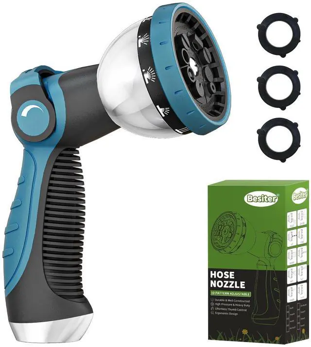 Main image of Garden Hose Nozzle, Hose Sprayer Nozzle with 10 Spray Patterns, Thumb Control On Off Valve, High Pressure Metal Water Hose Nozzle for Car Wash, Plants, Pets & Outdoor Cleaning, Blue