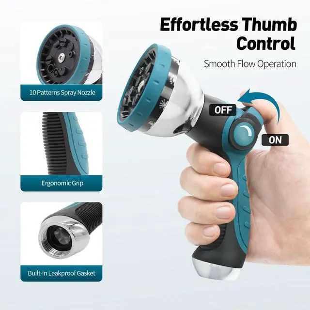 Alt view image 2 of 7 - Garden Hose Nozzle, Hose Sprayer Nozzle with 10 Spray Patterns, Thumb Control On Off Valve, High Pressure Metal Water Hose Nozzle for Car Wash, Plants, Pets & Outdoor Cleaning, Blue