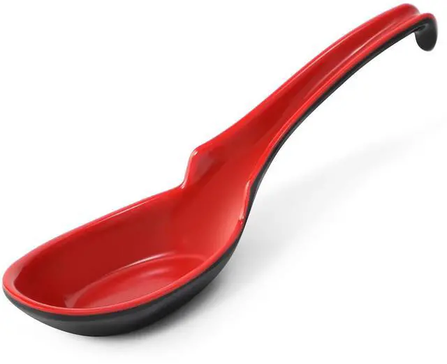 Main image of 12 PACK Asian Soup Spoons, Rice Spoons, Melamine Chinese Won Ton Soup Spoon For soba, pho, ramen, Noodle, Korean Style Large Spoon with Long Handle- Notch and Hook Style, Red Black