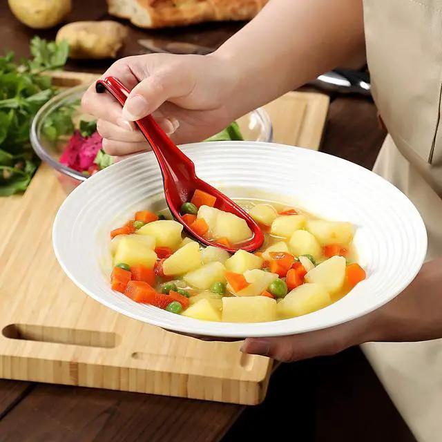 Alt view image 6 of 7 - 12 PACK Asian Soup Spoons, Rice Spoons, Melamine Chinese Won Ton Soup Spoon For soba, pho, ramen, Noodle, Korean Style Large Spoon with Long Handle- Notch and Hook Style, Red Black