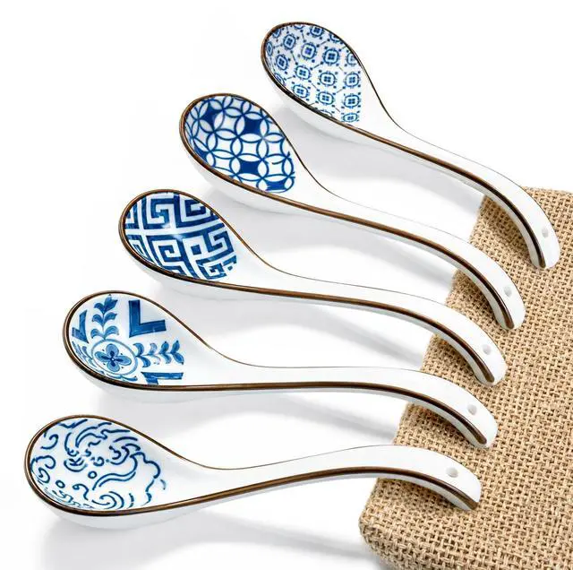 Main image of 5Pcs Ceramic Asian Soup Spoons, Chinese Japanese Soup Spoons | 5pcs 002, Deep Soup Bowl, Comfortable Grip, Stackable Storage, Durable Ceramic, Dishwasher Safe, Ramen Pho Noodle Spoon Set