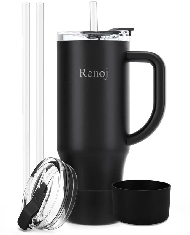 Main image of Insulated Mug 100% Leak Proof Insulated Water Bottle for Iced Coffee & Hot Drinks - Fits Car Cup Holder, Ideal Gift, 2 Straws & Silicone Boot - SnapShift Black 32 oz