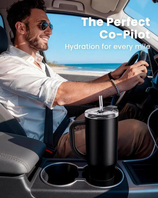 Alt view image 2 of 7 - Insulated Mug 100% Leak Proof Insulated Water Bottle for Iced Coffee & Hot Drinks - Fits Car Cup Holder, Ideal Gift, 2 Straws & Silicone Boot - SnapShift Black 32 oz
