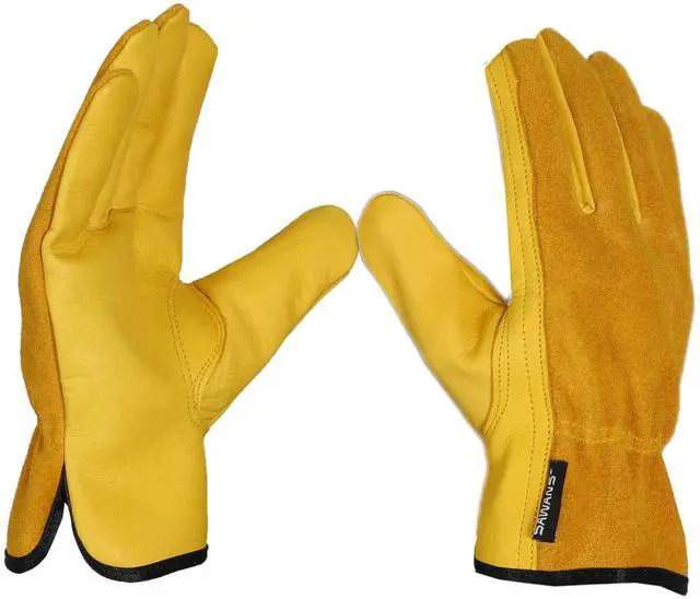Main image of Leather Working Gloves Work Gardening Gloves Thorn Proof Garden Heavy Duty Utility Men Women Construction (Yellow, Medium)