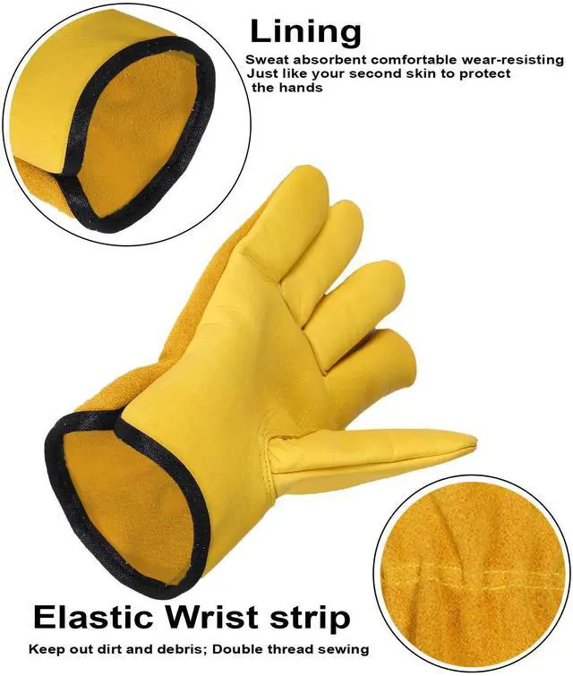 Alt view image 3 of 7 - Leather Working Gloves Work Gardening Gloves Thorn Proof Garden Heavy Duty Utility Men Women Construction (Yellow, Medium)