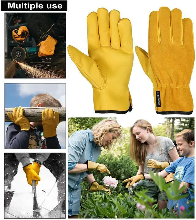 Alt view image 2 of 7 - Leather Working Gloves Work Gardening Gloves Thorn Proof Garden Heavy Duty Utility Men Women Construction (Yellow, Medium)