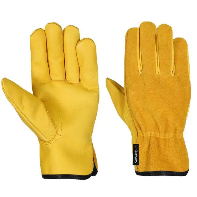 Alt view image 6 of 7 - Leather Working Gloves Work Gardening Gloves Thorn Proof Garden Heavy Duty Utility Men Women Construction (Yellow, Medium)