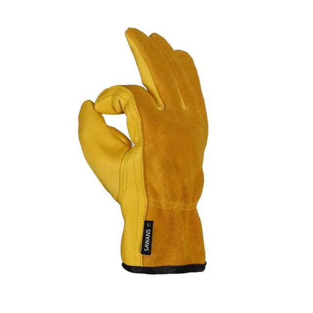 Alt view image 7 of 7 - Leather Working Gloves Work Gardening Gloves Thorn Proof Garden Heavy Duty Utility Men Women Construction (Yellow, Medium)