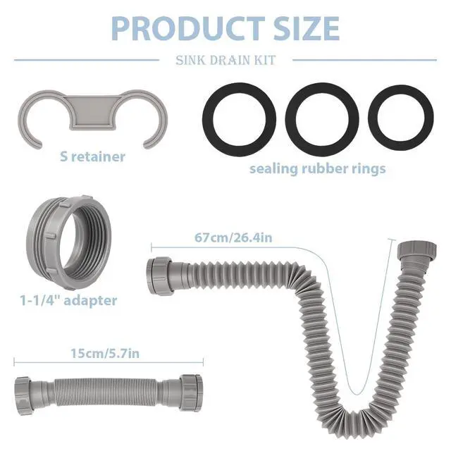 Alt view image 2 of 6 - 1-1/2" Flexible P-Trap Sink Drain Pipe Kit 5.7"-27" for Kitchen Bathroom Sink with Sealing Rings Expandable