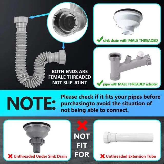 Alt view image 3 of 6 - Sink Drain Pipe Kit, 1 Pack Flexible Drain Pipe P Trap, 8.46"-20.67" Flexible P Trap, Under Sink Plumbing for Bathroom and Kitchen, 1-1/4" Adapter Included
