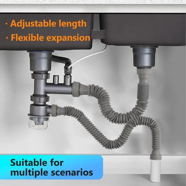 Alt view image 5 of 6 - Sink Drain Pipe Kit, 1 Pack Flexible Drain Pipe P Trap, 8.46"-20.67" Flexible P Trap, Under Sink Plumbing for Bathroom and Kitchen, 1-1/4" Adapter Included