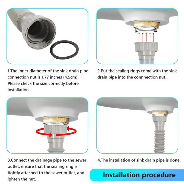 Alt view image 6 of 6 - Sink Drain Pipe Kit, 1 Pack Flexible Drain Pipe P Trap, 8.46"-20.67" Flexible P Trap, Under Sink Plumbing for Bathroom and Kitchen, 1-1/4" Adapter Included