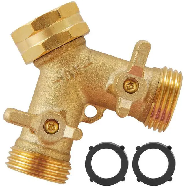 Main image of Garden Hose Splitter 2 Way Heavy Duty, Outdoor Faucet Splitter | Solid Brass Spigot Splitter Hose Y Splitter with Shutoff Valve