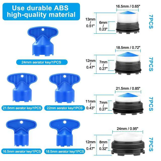 Alt view image 3 of 7 - 28 pcs Faucet Aerators with 5 Pcs Faucet Aerator Key Aerators Replacement Inserts for Sink M16.5 18.5 21.5 24 mm for Bathroom or Kitchen