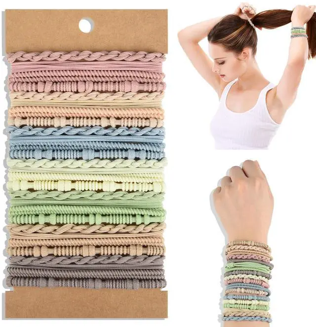 Main image of 28 Pcs Boho Hair Ties Braided Elastic Bracelets Hair Ties | 4 Styles, Light Color, Multicolor, Ponytail Holders for Women and Girls with Thick or Thin Hair