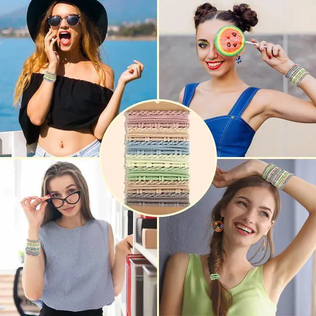 Alt view image 7 of 7 - 28 Pcs Boho Hair Ties Braided Elastic Bracelets Hair Ties | 4 Styles, Light Color, Multicolor, Ponytail Holders for Women and Girls with Thick or Thin Hair