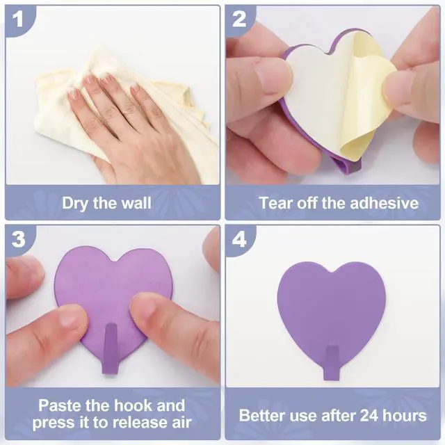 Alt view image 4 of 7 - 8PCS Heart Shaped Wall Hooks, Self Adhesive Hook Decorative Purple | Decorative Wall Hooks for Girls Room Home Kitchen Bathroom