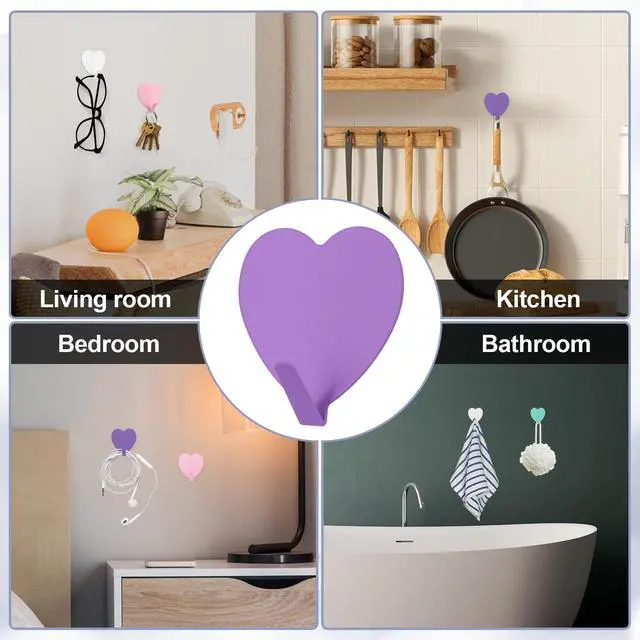 Alt view image 6 of 7 - 8PCS Heart Shaped Wall Hooks, Self Adhesive Hook Decorative Purple | Decorative Wall Hooks for Girls Room Home Kitchen Bathroom