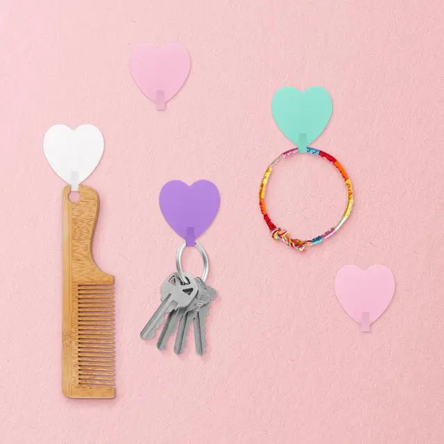 Alt view image 5 of 7 - 8PCS Heart Shaped Wall Hooks, Self Adhesive Hook Decorative Purple | Decorative Wall Hooks for Girls Room Home Kitchen Bathroom