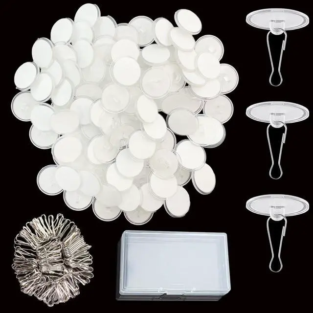 Main image of posame 90 Pack Self Adhesive Ceiling Hooks for Hanging - Small Sticky Damage-Free No-Drill Ceiling Discs with Metal Hook, Removable Transparent Wall Hook for Festival Wedding Party Décor