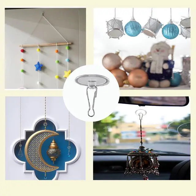 Alt view image 5 of 7 - posame 90 Pack Self Adhesive Ceiling Hooks for Hanging - Small Sticky Damage-Free No-Drill Ceiling Discs with Metal Hook, Removable Transparent Wall Hook for Festival Wedding Party Décor