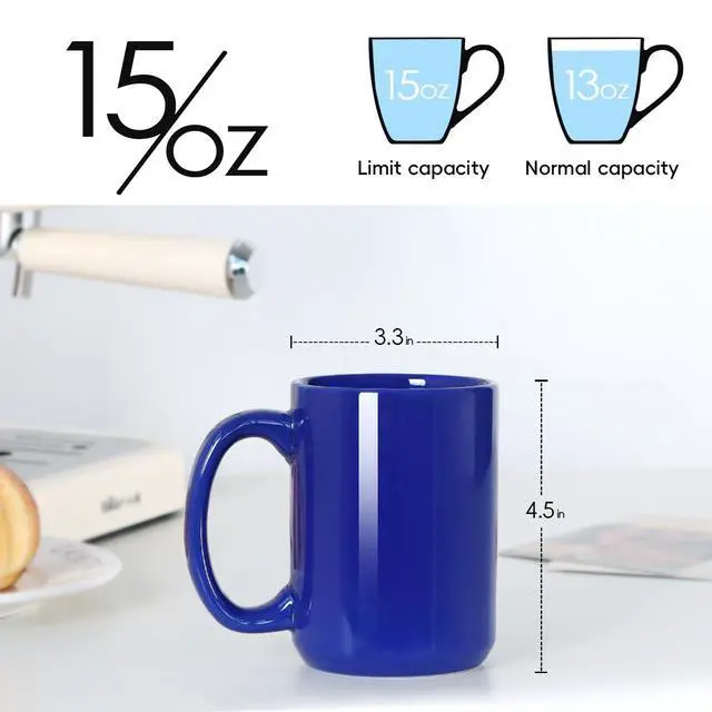 Alt view image 2 of 7 - 15 OZ Coffee Mug, Classic Blank Ceramic Cup with Large Handle for Tea Latte Cappuccino, Blue