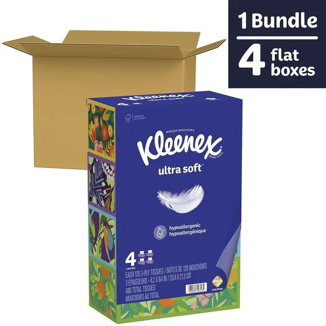 Alt view image 2 of 7 - Ultra Soft Facial Tissues, Soft Facial Tissue, 4 Flat Boxes, 120 Tissues per Box, 3-Ply (480 Total Tissues)