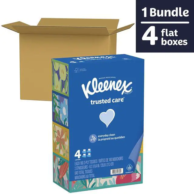 Alt view image 2 of 7 - Trusted Care Facial Tissues, 4 Flat Boxes, 160 Tissues per Box, 2-Ply (640 Total Tissues)