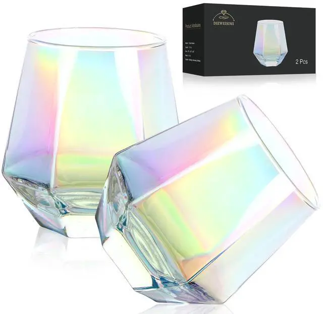 Main image of Wine Glasses Set of 2, Diamond Stemless Wine Glasses - Iridescent Glassware