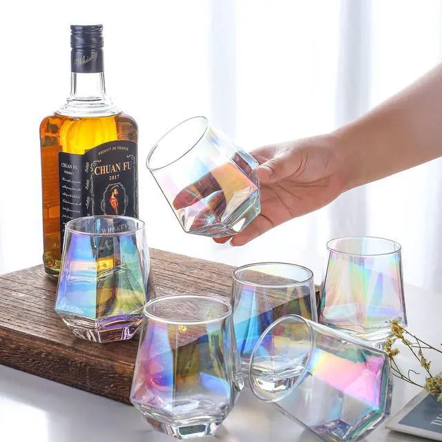 Alt view image 3 of 6 - Wine Glasses Set of 2, Diamond Stemless Wine Glasses - Iridescent Glassware