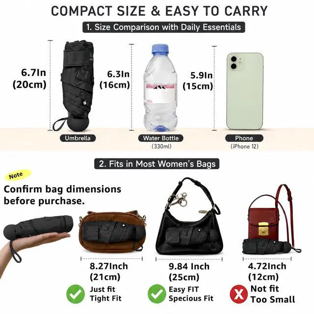 Alt view image 4 of 7 - Mini Travel Umbrella with UV Sun Protection, Compact Pocket-Size | 8.6 oz Lightweight, Small Portable for Sun & Rain, Fit Purse & Backpack, Travel essentials for Disney & European Trip