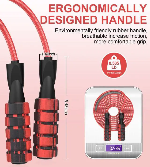 Alt view image 2 of 7 - Jump Rope for Fitness, Weighted Jumprope for Women Workout, Adjustable Adult Exercise Skipping Rope for Men (Red)