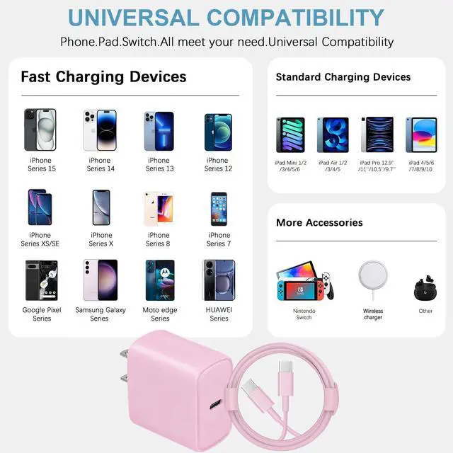 Alt view image 6 of 7 - iPhone 17 16 15 Charger Fast Charging Type C Chargers USB C Charger Block | for iPhones, iPads,Tablets, Android phones,20W iPhone Charger USB-C Power Adapter,with Long 6FT USB C Charging Cables(Pink)