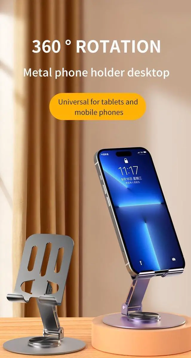 Alt view image 4 of 6 - Phone Stand for Desk, Adjustable Metal Desktop Holder | Foldable Design, 360° Rotating Base