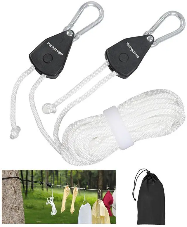 Main image of Travel Clothesline, Portable Clothes Line with Heavy Duty Pulleys & Carabiners, Windproof Clothes Drying Rope for Outdoor Camping, Travel, Indoor Home Use (White, 19 Feet Long)