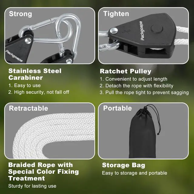 Alt view image 2 of 7 - Travel Clothesline, Portable Clothes Line with Heavy Duty Pulleys & Carabiners, Windproof Clothes Drying Rope for Outdoor Camping, Travel, Indoor Home Use (White, 19 Feet Long)