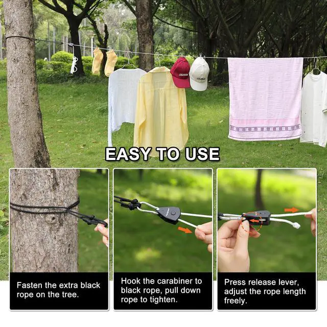 Alt view image 4 of 7 - Travel Clothesline, Portable Clothes Line with Heavy Duty Pulleys & Carabiners, Windproof Clothes Drying Rope for Outdoor Camping, Travel, Indoor Home Use (White, 19 Feet Long)