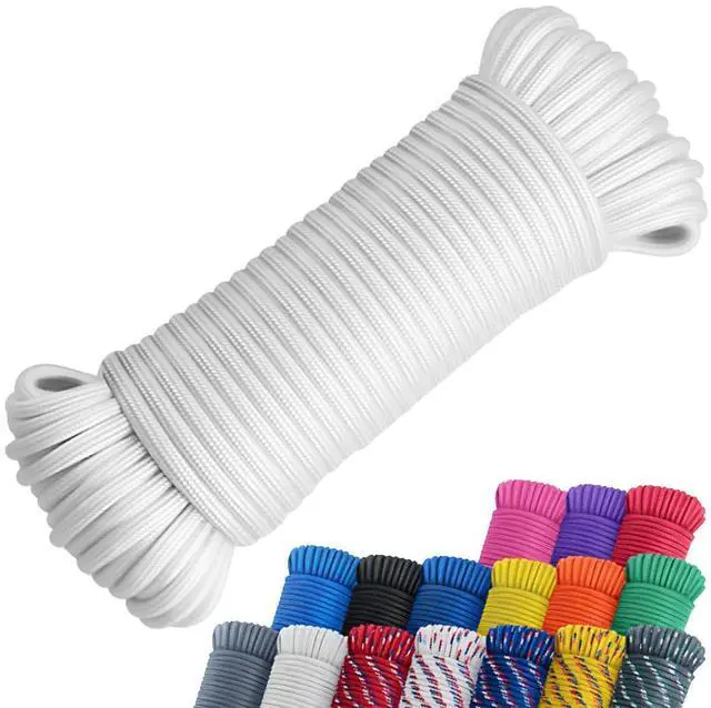 Main image of 100 ft 1/4" Polyester Rope (Comparable to Nylon Rope) Poly Strong Utility Cord for Clothes Line Flag Pole Camping Crafting (White)