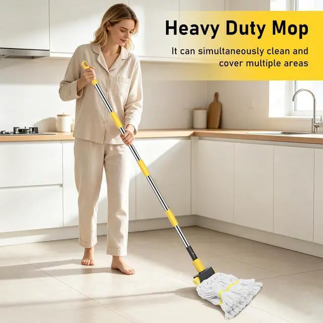 Alt view image 6 of 7 - Heavy Duty Commercial Mop, Industrial Mop with 59-in Long Handle | String Wet Mop for Floor CLeaning, Cotton Mops for Home, Kitchen, Garage Concrete, Office