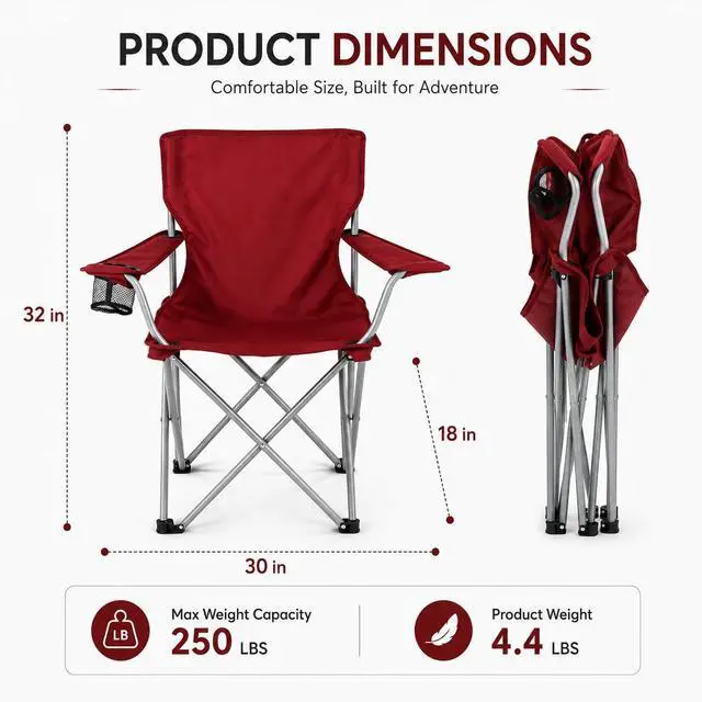 Alt view image 2 of 7 - Camping Chair with Cup Holder, Foldable Outdoor Lawn Chairs for Adults, Lightweight Portable Camp Chair with Carry Bag, Red Folding Outside Chair