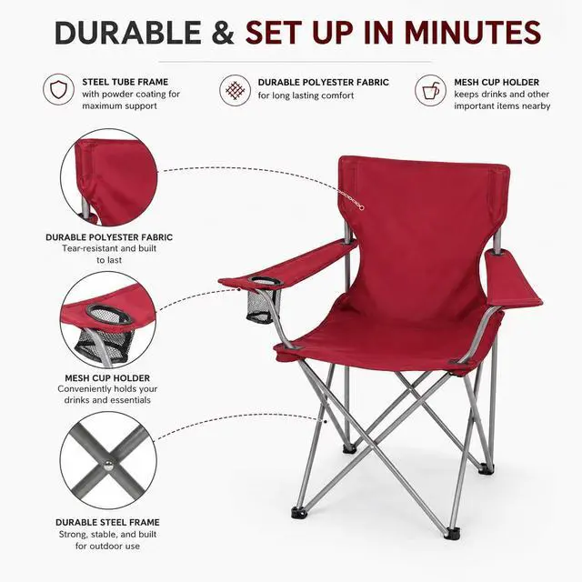 Alt view image 3 of 7 - Camping Chair with Cup Holder, Foldable Outdoor Lawn Chairs for Adults, Lightweight Portable Camp Chair with Carry Bag, Red Folding Outside Chair